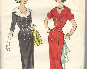 1950s Slim Sheath Dress Double Breasted Sleeve Variations V Neck Advance 8501 Uncut FF Size 18.5 Bust 39 Women's Vintage Sewing Pattern