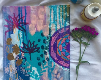 Botanical abstract, "you see better when you go slow", acrylic painting on 8"x5" canvas panel