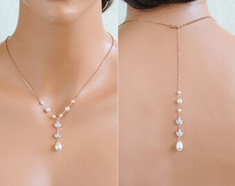Rose Gold Wedding Necklace, Back Drop Bridal Necklace, Crystal Marquise Leaf Back Necklace, Swarovski Pearl Bridal Wedding Jewelry, BLYTHE