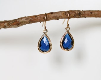 Sapphire Earrings - Gold Dangle Earrings - Stone Earrings - Drop Earrings - Birthstone Earrings - Ocean Blue Earrings - Gold Earrings