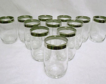 Vintage set of 12 Roly Poly Oval Silver Rimmed Lowball Glasses Mad Men Chic