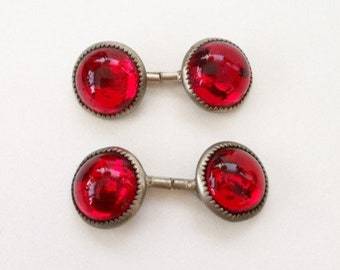Vintage Red Glass Cuff Links, Antique, Ruby Colored, Cufflinks