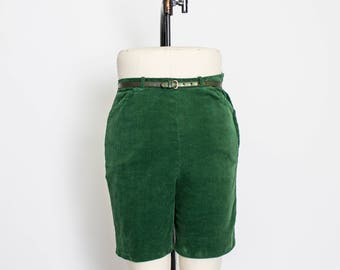Vintage 1960s Shorts - Corduroy Pin Up Forest Green High Waisted Bermuda Pants - Small S