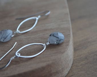 Black Rutilated Quartz Earrings, Sterling Silver Marquise, Tourmalinated Quartz, Gemstone Dangle Earrings, Drop Earrings,