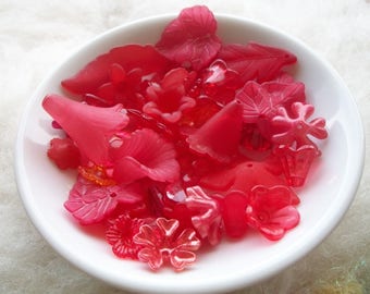 Spring Mix Loose Beads Grab Bag Lucite Beads Assorted Sizes Apple Reds Flowers Leaves Beading Supply Necklace Bracelet Earrings Boho Hippie