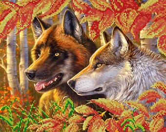Faithfulness, Wolves, DIY bead embroidery kit,wall decor, painting, beading on needlepoint, wedding gift idea
