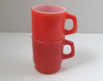 Vintage Anchor Hocking Red Oven Proof Stacking Mugs Cups