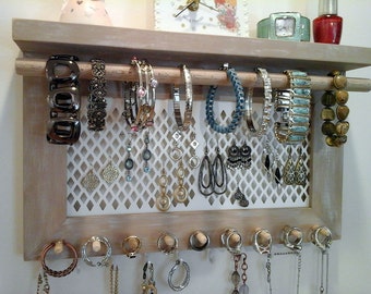 Jewelry Organizer Wall Mount Necklace Bracelet Ring Earring Holder. All in One Wall Hanging Jewelry Organizer Display. Unique One of a Kind!