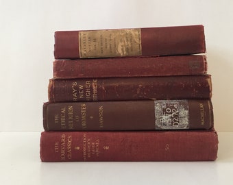 Red Decorative Books, Primitive Books, Vintage Book Bundle, Shabby Book Stack, Farmhouse Books, Distressed Books, Red Books