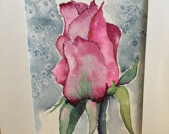 Greeting Card, Watercolor, Note Card, pink rose bud, Mothers day card, Card for mom, Blank Greeting card, Birthday card, All occassion card