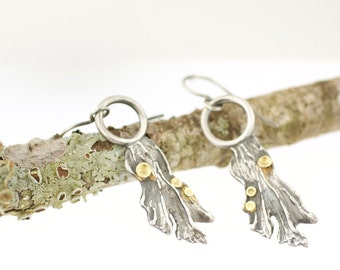River Lichen Earrings Sterling Silver 18k Gold Recycled Metal Nature Jewelry Woodland Botany