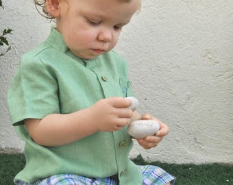 Chic boy green linen - Opiquet Mao collar shirt