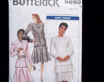 Vintage 80's Women's Suit Sewing Pattern, Fitted Jacket, Semi-Fitted Flared Skirt or Layered Flounce Skirt- Butterick 5889 Size 6-8-10 UNCUT