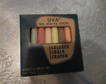 Vintage 1950s UVA No.816-16 Sticks Colored Chalk Crayon Gold Metal Binney & Smith Inc New York Box Made in USA Makers of Crayola