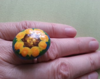 Sunflower Ring ,Handpainted Pebble, Adjustable , Rock Miniature Art, Artisan Jewelry, for Flower Lovers, Gift for Her