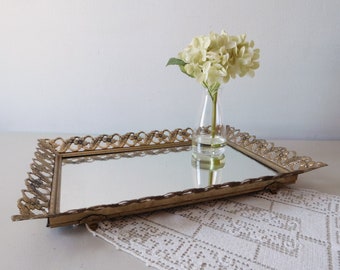 Vintage mirror tray Large vanity tray Mirrored rectangular dresser tray