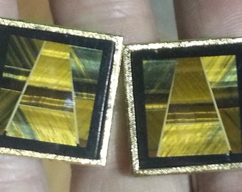 Cufflinks, Mens Vintage Cufflinks, Tiger's eye cufflinks, Sterling and Gold Cufflinks, Inlaid cufflinks, Geometric Cufflinks, 50's cufflinks