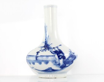 Vintage Chinese Porcelain Vase, Blue and White Porcelain Bottle Vase, Squat Form Vase, Chinese Republic Period Vase, Painted Vase