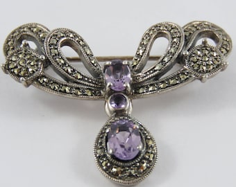 Sterling Silver Marcasite and Amethyst Brooch