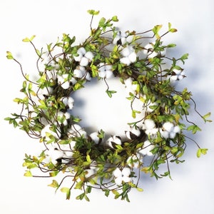 Cotton Wreath - 22" Farmhouse Natural Round Cotton Boll Wreath Stem Branches with Artificial Green Leaves for Front Door Welcome Decor