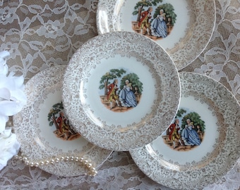 Royal China Co Colonial Gold Bread and butter Plates Shabby Chic Wonderful gold filigree and Romantic Couple in Center 22-K-Gold