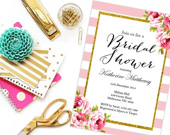 Instant Download Editable Baby Shower Invitations, Pink Chic Bridal Shower Invitation, Printable Invitation, Pink Stripes, Floral TLC50 BS11