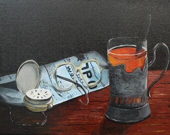 NEWSPAPER oil painting original, still life