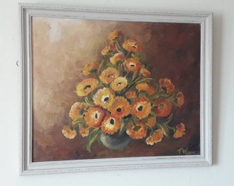 Stunning original vintage oil painting on board in painted carved wooden frame.