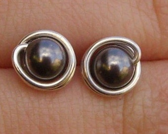 Dark Grey Pearl Stud Earrings (7mm), Swarovski Pearl Stud Earrings, Wire Wrapped Sterling Silver Stud Earrings, Dark Gray Stud Earrings