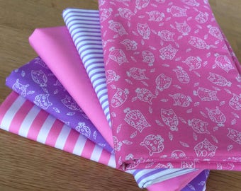 LITTLE OWLS Fat Quarter Bundle 100% craft cotton Blenders Pink Lavender