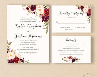 Bohemian Wedding Invitation Suite, Fall Wedding Invitation, Winter Wedding Invite Set, Marsala Burgundy Peach Blush, Rustic Boho Chic- Kylie