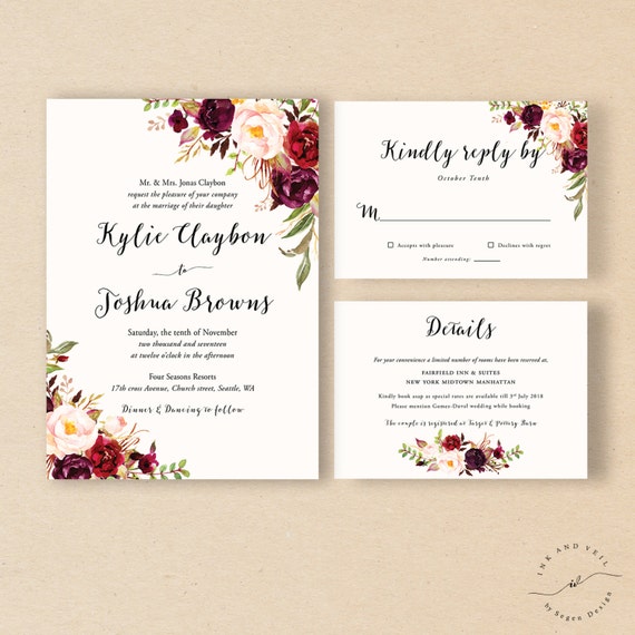 Bohemian Wedding Invitation Suite Fall Winter Invite Set Marsala Burgundy Peach Blush Rustic Boho Chic Kylie Bohemian Wedding Invitation Suite Fall Winter Invite Set Marsala Burgundy Peach Blush Rustic Boho Chic Kylie