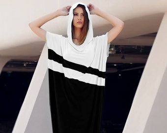 Maxi Dress, Black and White, Kaftan Dress, Black Dress, White Dress, Hooded Dress, Plus Size Dress, Women Dress, Womens Black Dress