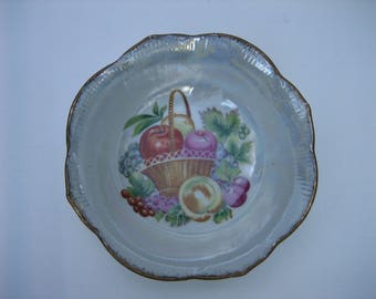 Vintage Iridescent Glazed Ceramic Decorative Bowl Feat. Fruit Basket Theme