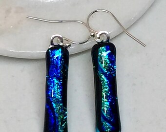 Earrings – Blue, Green and Gold Dichroic Fused Glass Earrings