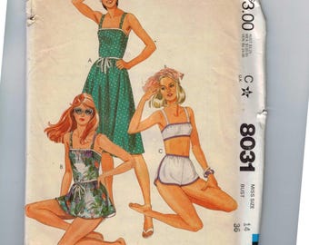 1980s Vintage Sewing Pattern McCalls 8031 Misses Dress and Bathing Suit Two Piece Sundress Size 14 Bust 36 1982 80s UNCUT