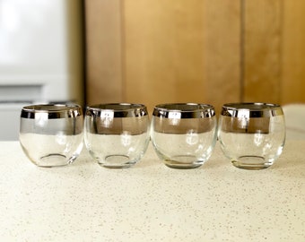 Set of 4 Mid Century Roly Poly Glasses with Silver Bands, Mad Men, Bourbon Glass, Silver Rimmed Glasses, Mid Century Barware, Vintage Barwar