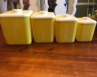 Yellow Cols. plastics cannister set Vintage mid century flour sugar tea coffee