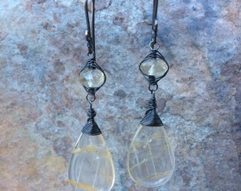 QUARTZ earrings with Sunstone, woven gemstone jewelry, sterling silver, handmade artisan jewelry by Angry Hair Jewelry, clear gemstone