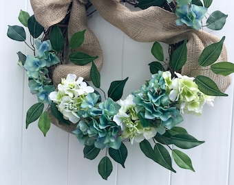 Blue Watercolor Hydrangea Wreath