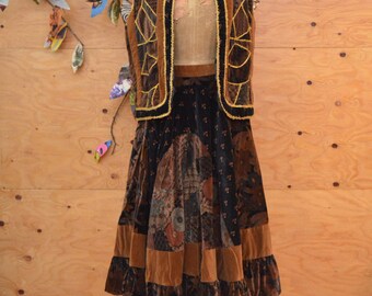 Vintage 70's Gunne Sax Style Velvet Patchwork Suit Prairie Skirt And Vest Floral Print In Black & Brown Size XL