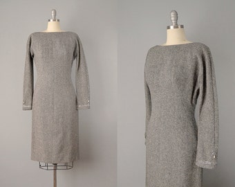 60s Dress // 1960’s Mr. Mort Grey Wool Tweed Dress w/ Rhinestone Cuffs // S - M