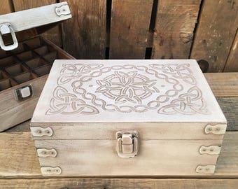 Antiqued White Celtic Design Wood Storage Box for 15ml Essential Oil Bottles