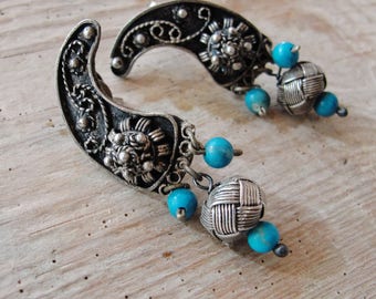 Sterling Silver Filigree Earrings Hand knotted Kazaziye woven Fine Silver Oxidized Turquoise Stone