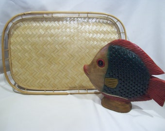 Rattan Serving Trays,Bamboo Tray,Vintage Wicker Tray,Rattan Tray,Woven Trays,Tiki Bar Serving Trays Herringbone Pattern