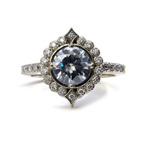 Moissanite Pointed Diamond Halo Engagement Ring with White or Grey Moissanite Center Stone - 14k Gold