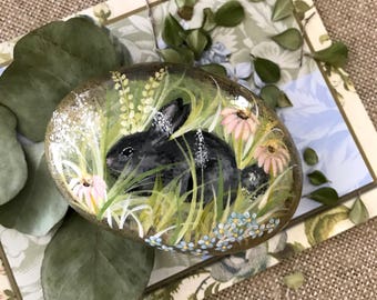Bunny Rock, Painted Rock, Rabbit Rock, Garden Scene Rock, Garden Decor