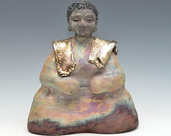 Large Black Buddha Statue With Golden Scarves Original Figurative Art Meditation Raku Ceramics Anita Feng