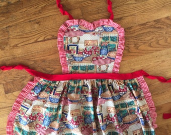 Ikat Flowers Ruffled Vintage-Style Cotton Chef Apron - 40" - Cream And