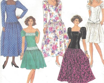 90s Womens Dropped Waist Dress with Neckline & Sleeve Variations Simplicity Sewing Pattern 7006 Size 10 12 14 16 18 Bust 32 1/2 to 40 FF